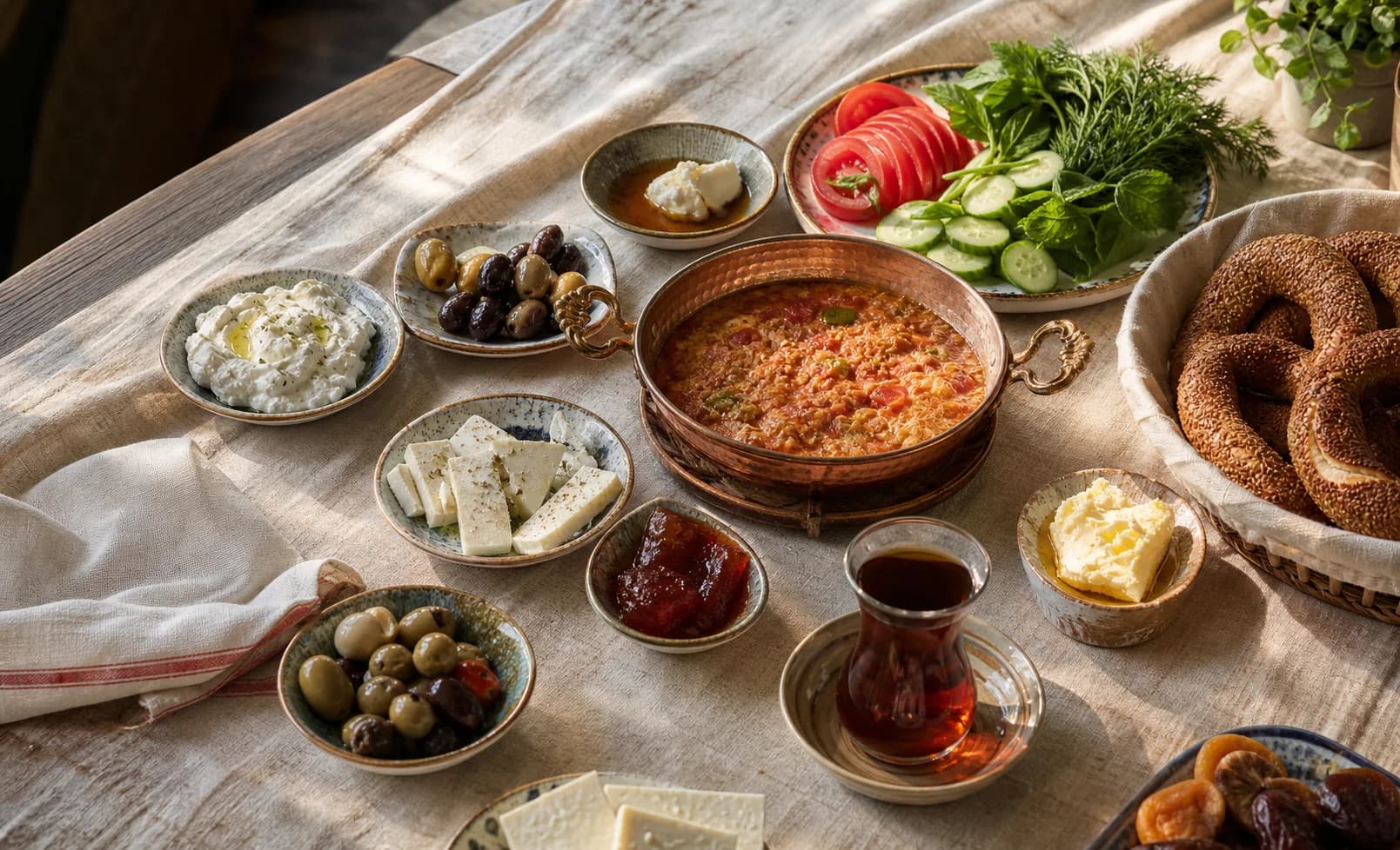 A generous Turkish breakfast with menemen, simit, cheese, olives and tea